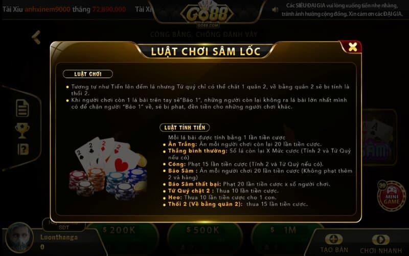 Sâm Go88: Hướng dẫn cách chơi chi tiết cho tân thủ 4 Quy tắc tính tiền thưởng